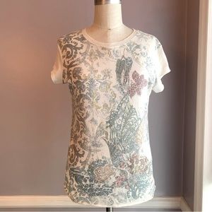 Calvin Klein cap sleeve T-shirt distressed edges cream, green, gold foil accents